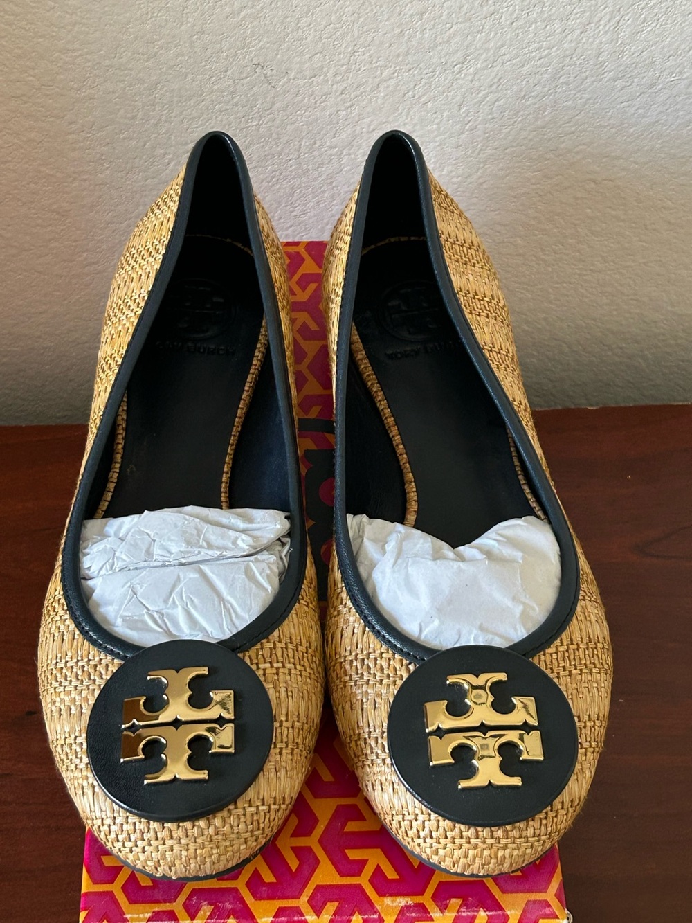 Tory Burch Tan/Navy Woven Logo Ballet Flats ~ NEW